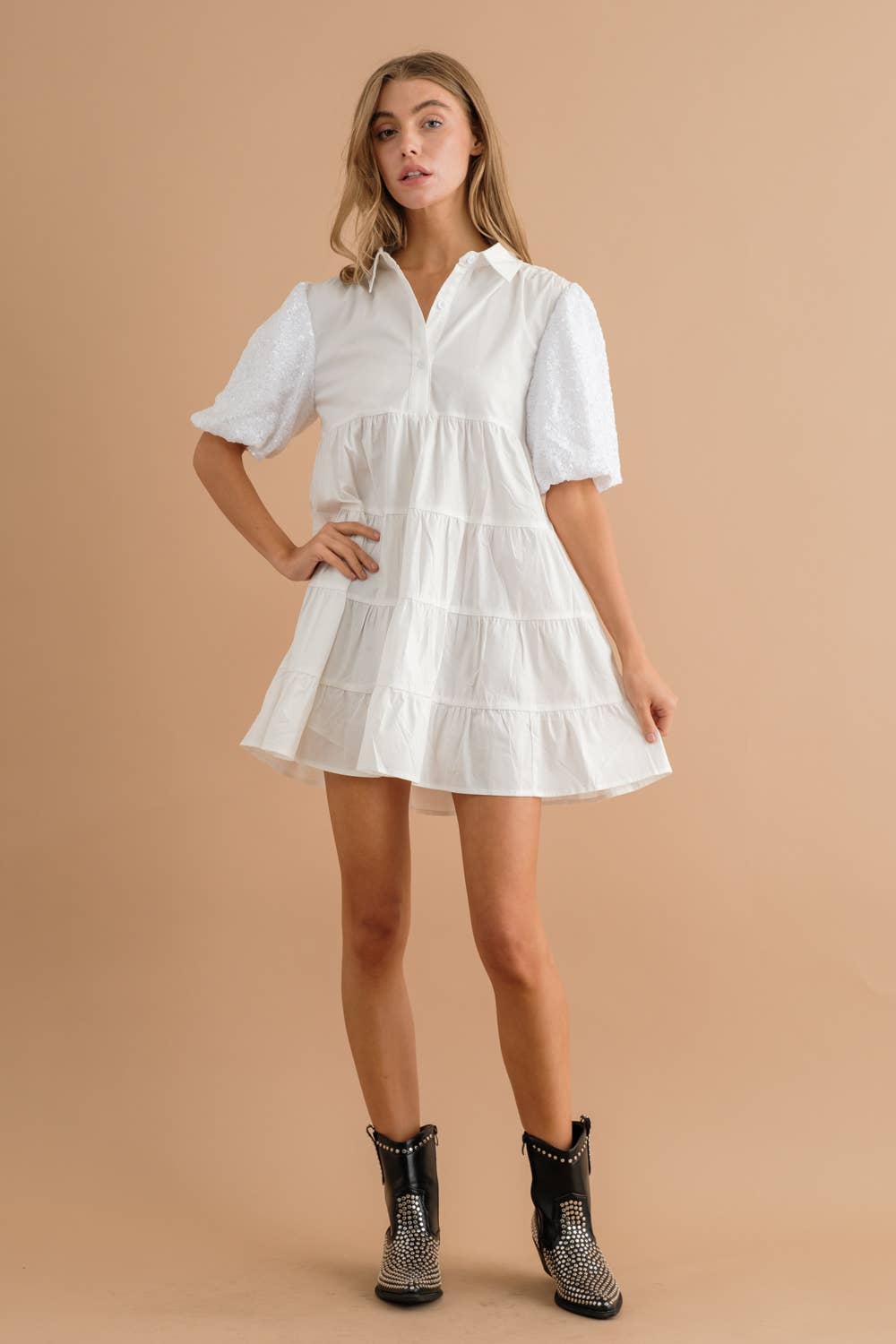 Sequin Puff SLV Tiered Poplin Button Up Shirt Dress