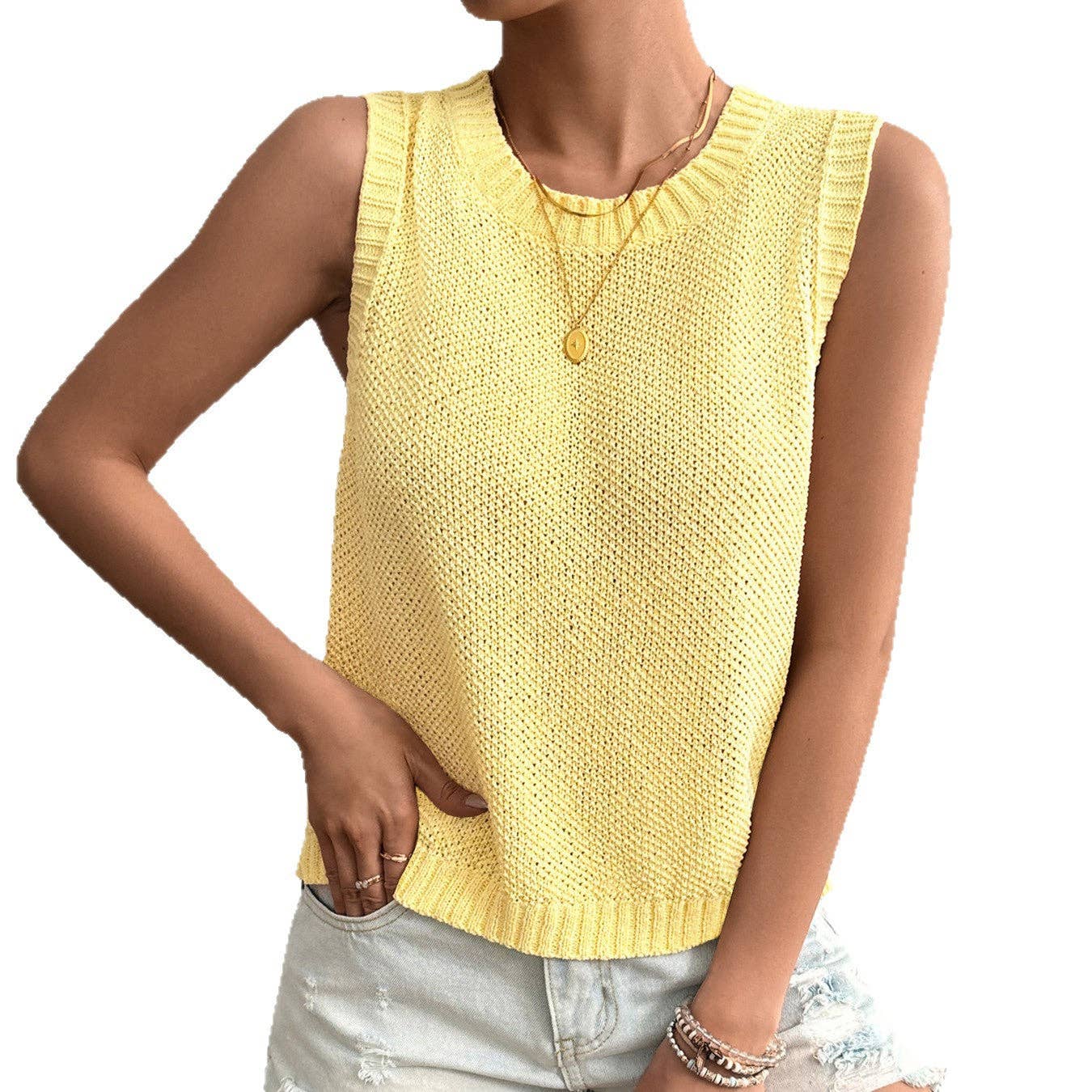 Women Crew Neck Backless Knit Pullover Sleeveless Top