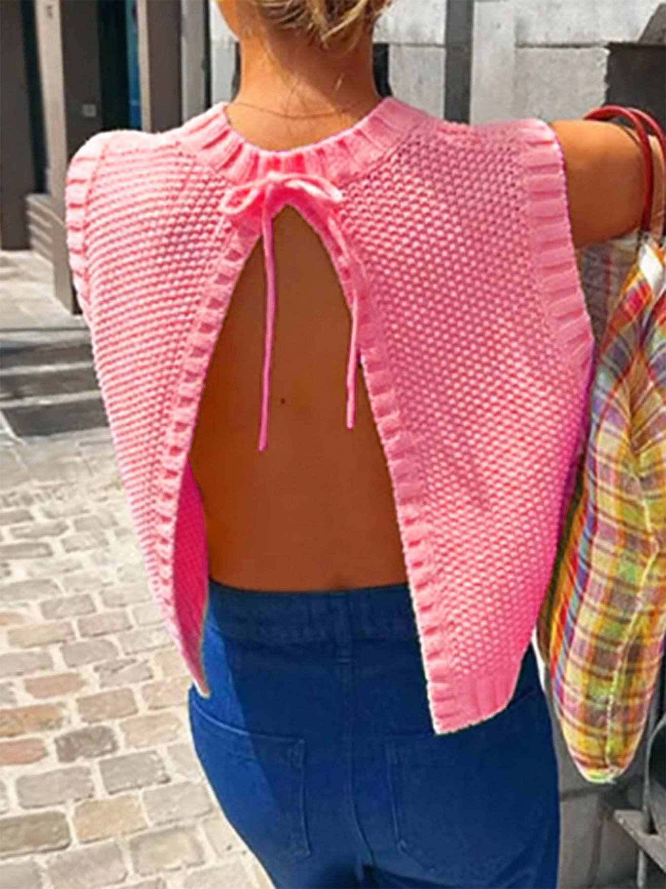 Women Crew Neck Backless Knit Pullover Sleeveless Top