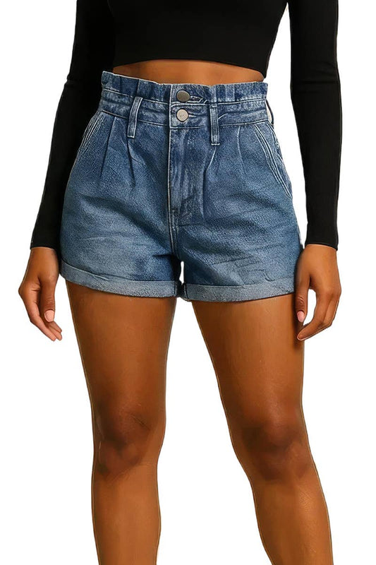 Pleated Denim Shorts