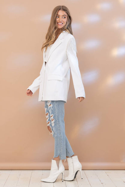 Stretch Boyfriend Rhinestone Fringe Shoulder Blazer