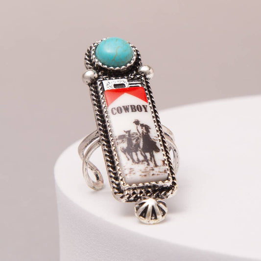 Western Turquoise Cowboy Panel Motif Cuff Ring