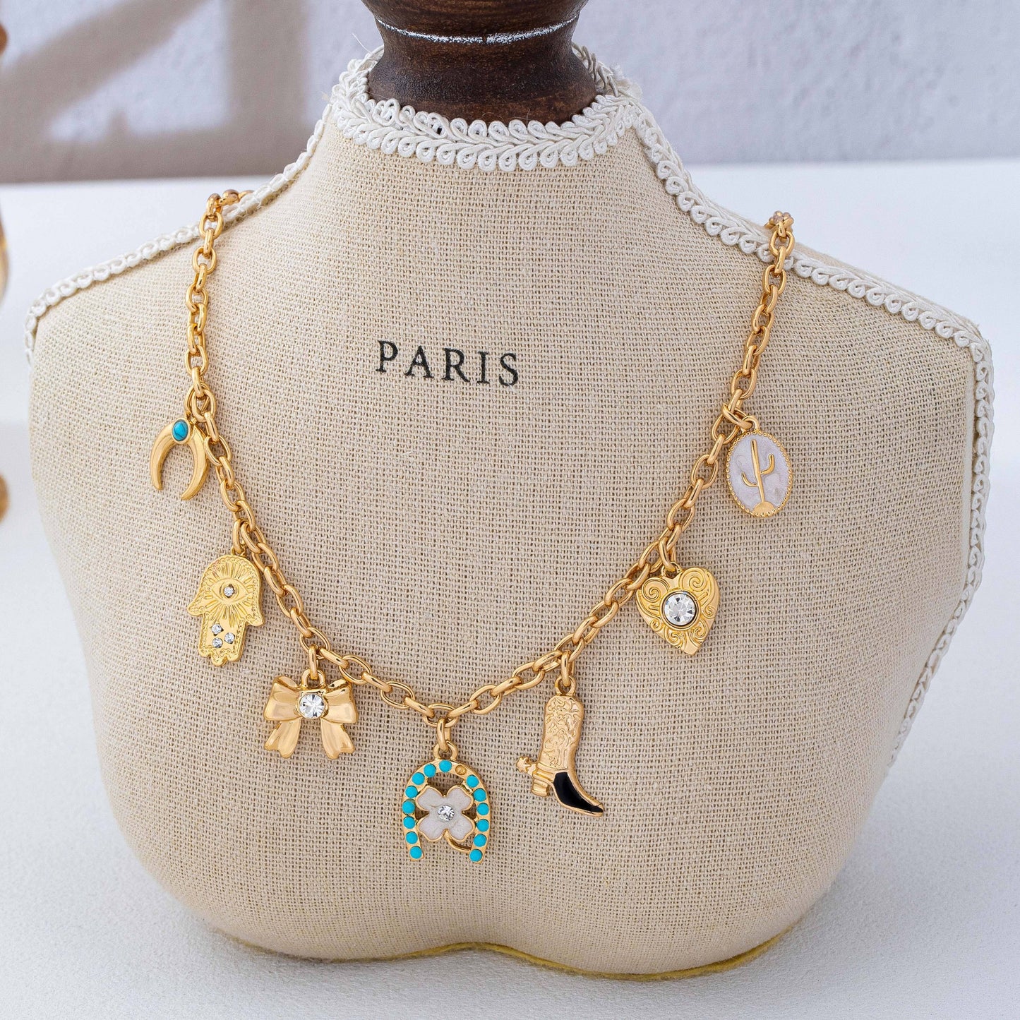 Western Turquoise Horseshoe Bow Boot Charm Necklace