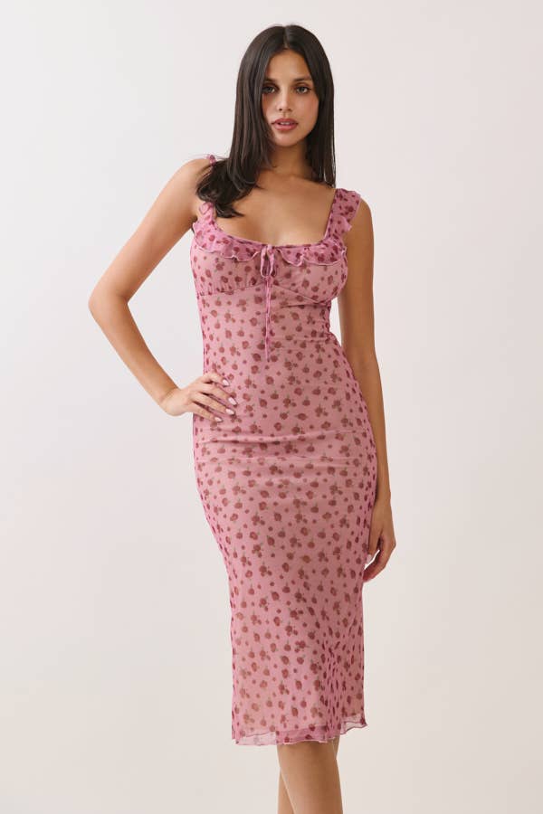 TIE FRONT MESH MIDI DRESS WITH RUFFLES