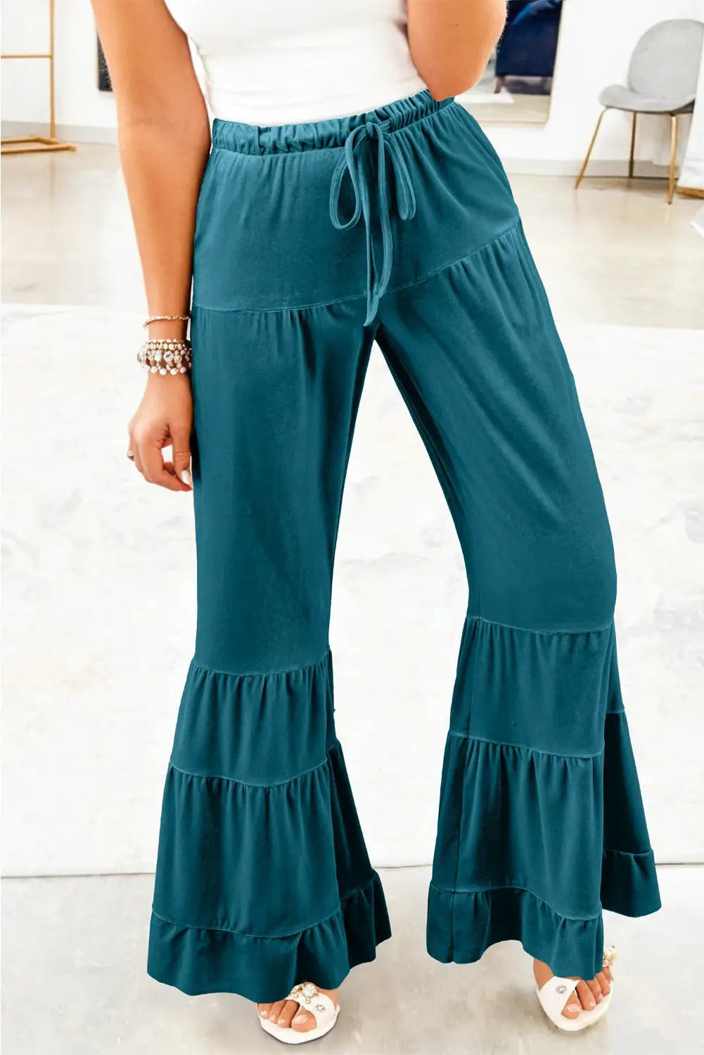 Straw Yellow Mineral Wash Lace-up High Waist Tiered Bell Bottom Pants