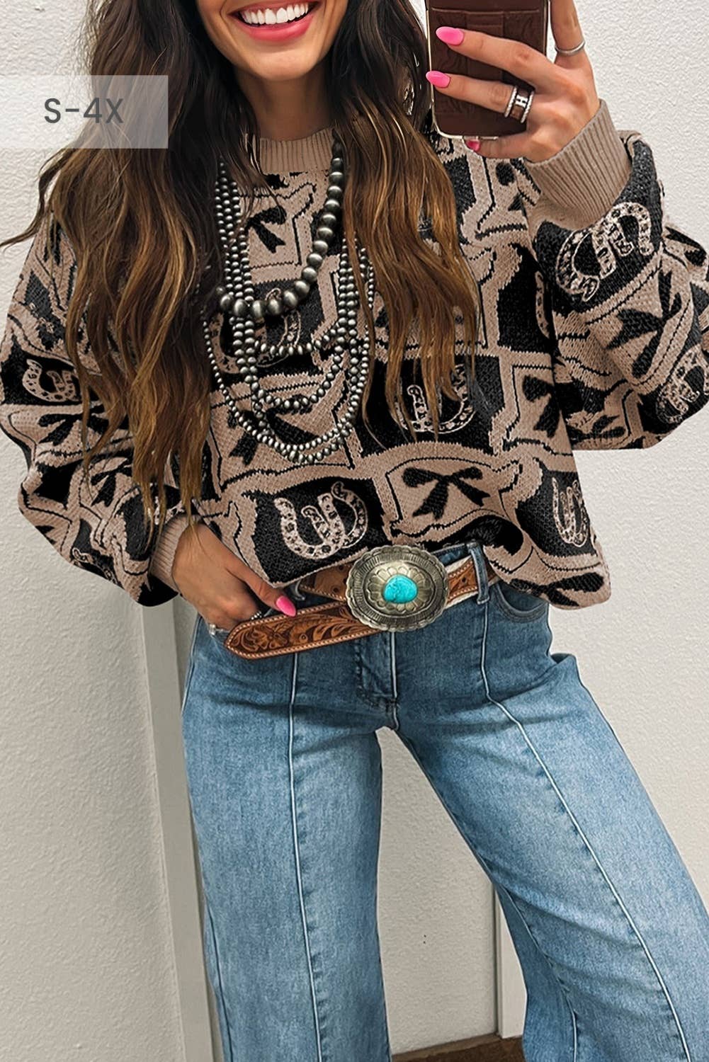 Bows and Horseshoes Pattern Western Sweater (S-4X)