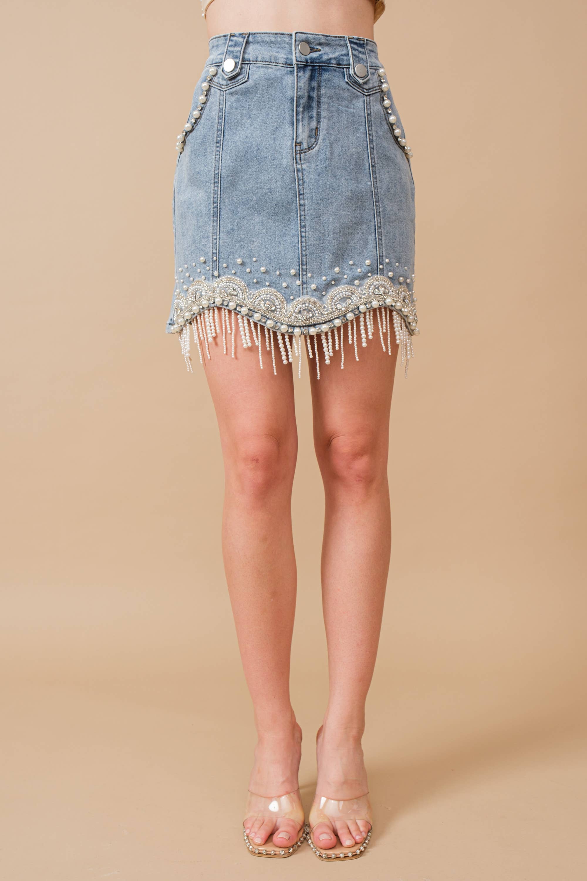 Stretch Denim Embellished Pearl Fringe Mini Skirt
