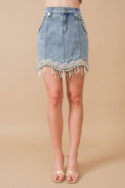 Stretch Denim Embellished Pearl Fringe Mini Skirt