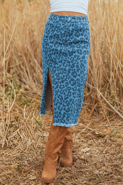 Leopard Denim Frayed Split Denim Midi Skirt