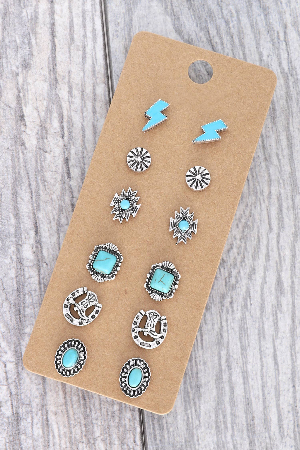 6 Pair Semi Stone Assorted Western Theme Stud Earring Set