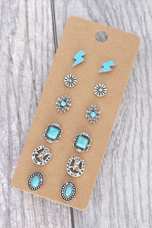 6 Pair Semi Stone Assorted Western Theme Stud Earring Set