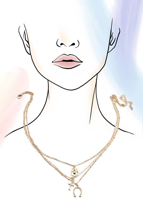 TRIO LAYER HORSESHOE HAT CROSS CAHRM NECKLACE |