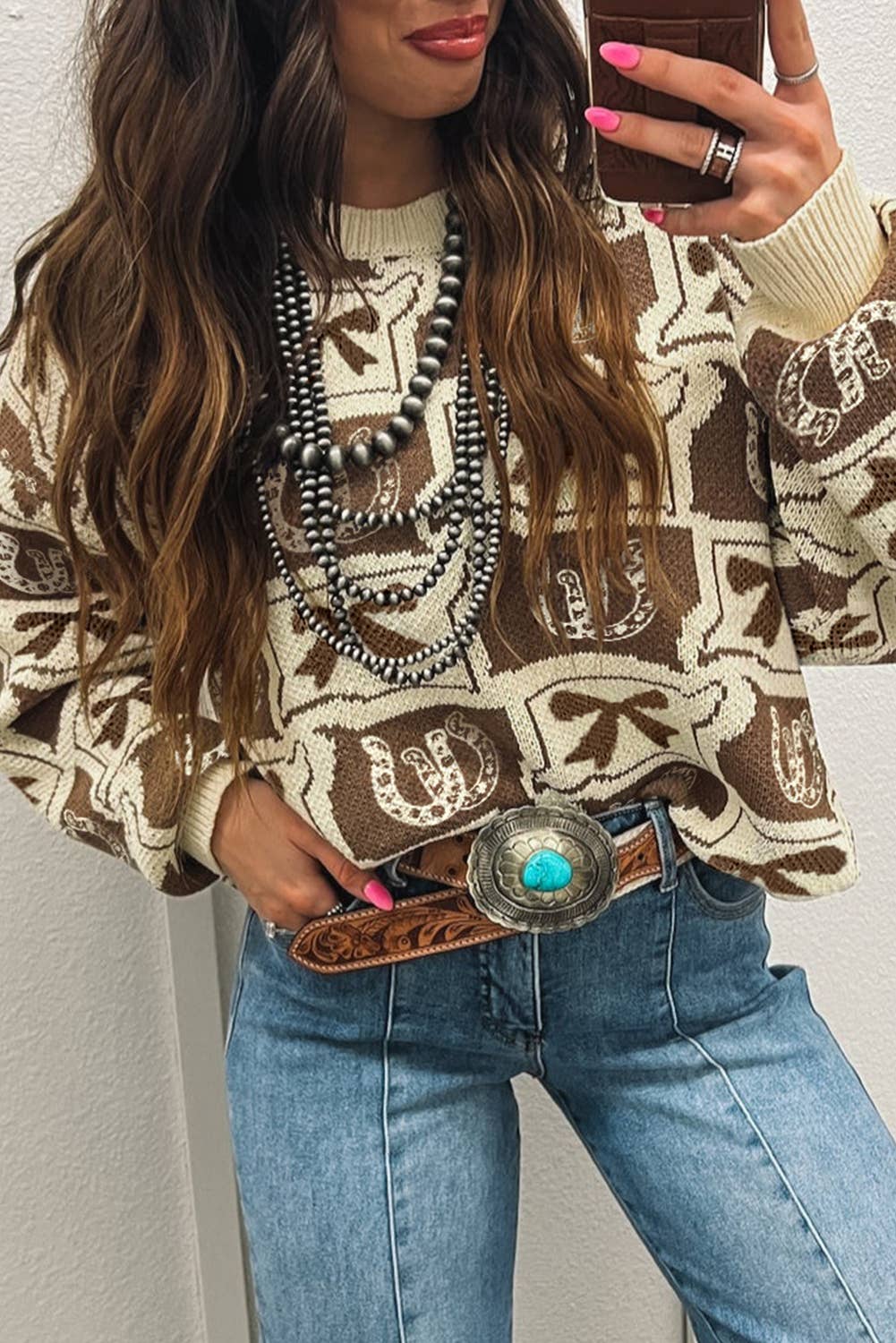 Bows and Horseshoes Pattern Western Sweater (S-4X)
