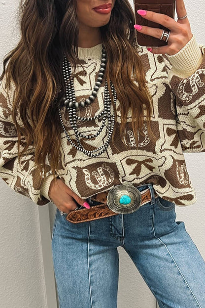 Bows and Horseshoes Pattern Western Sweater (S-4X)