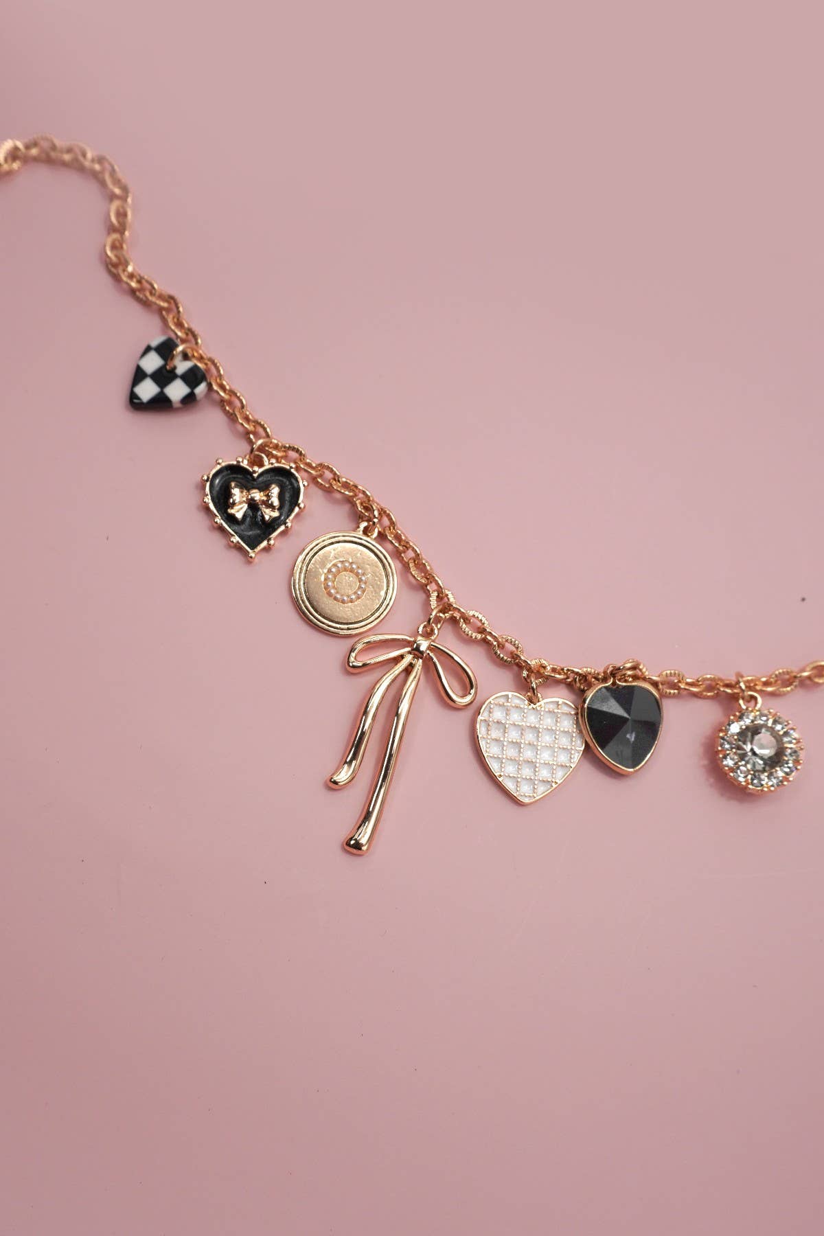 CHARM NECKLACE-BOW CHECKER HEART RHINESTONE |
