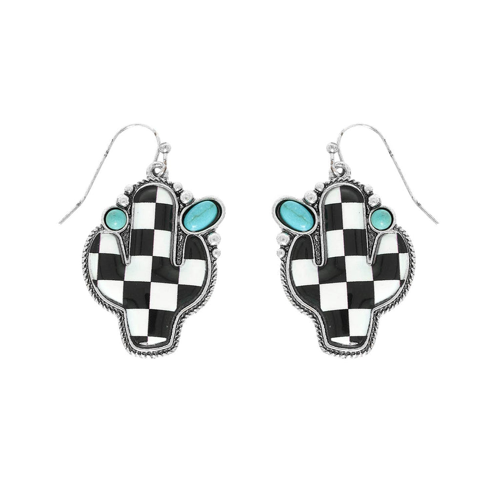 Western Turquoise Graphic Print Cactus Earrings
