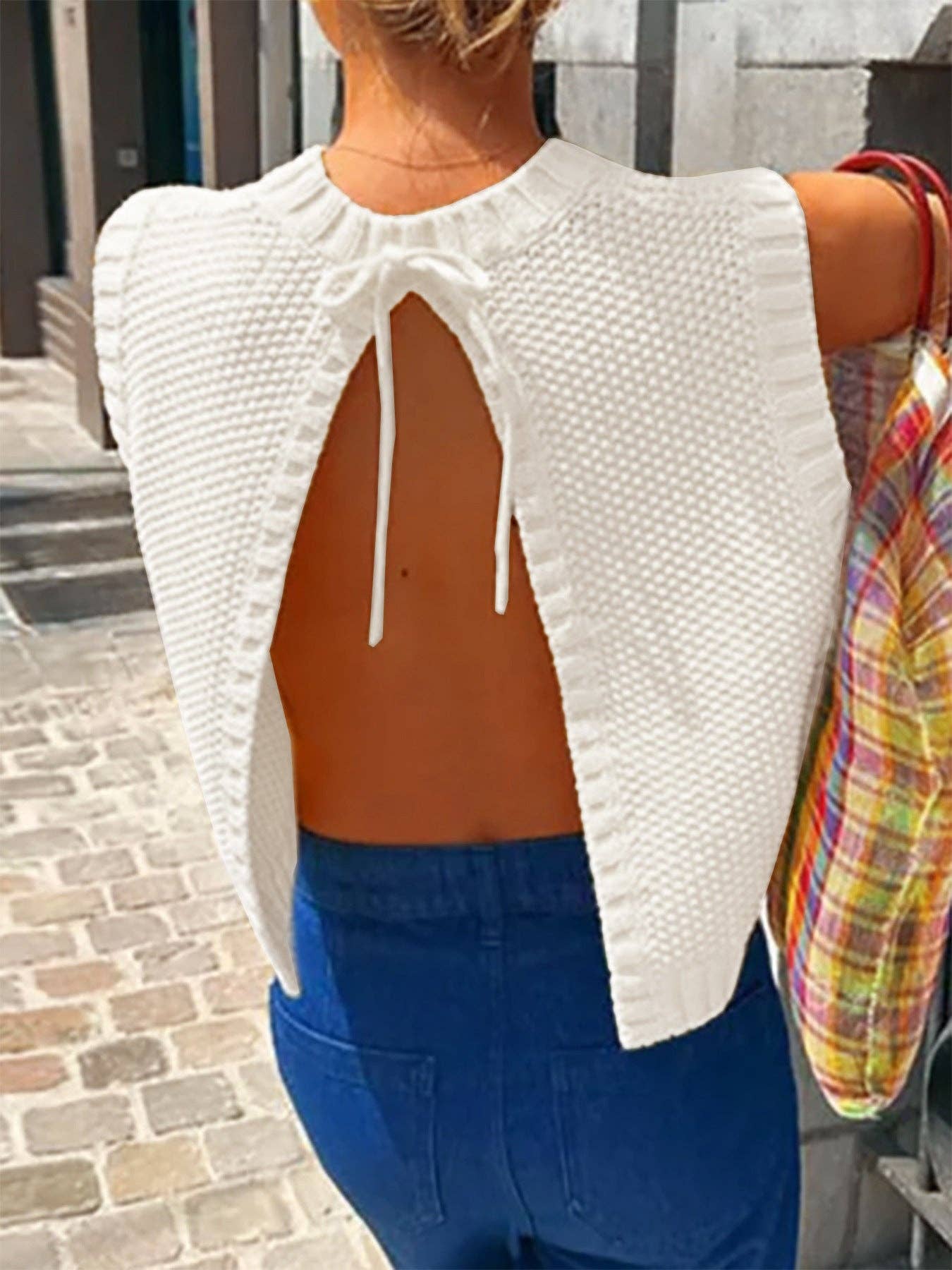 Women Crew Neck Backless Knit Pullover Sleeveless Top