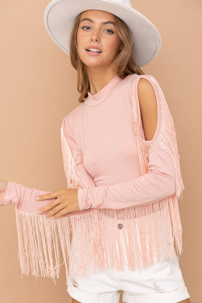 Mock Neck Shoulder Fringe Bodysuit