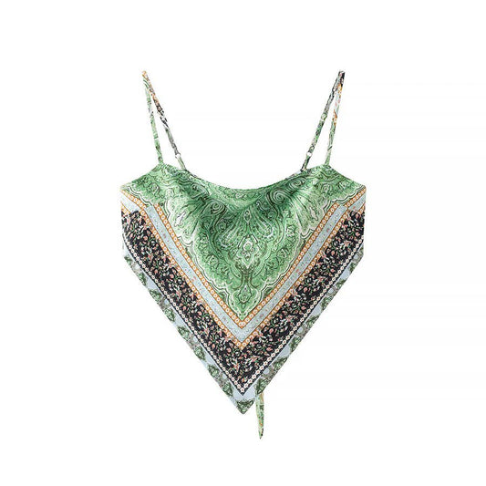 Silk Vintage Print Backless Lace-Up Cropped Camisole Top