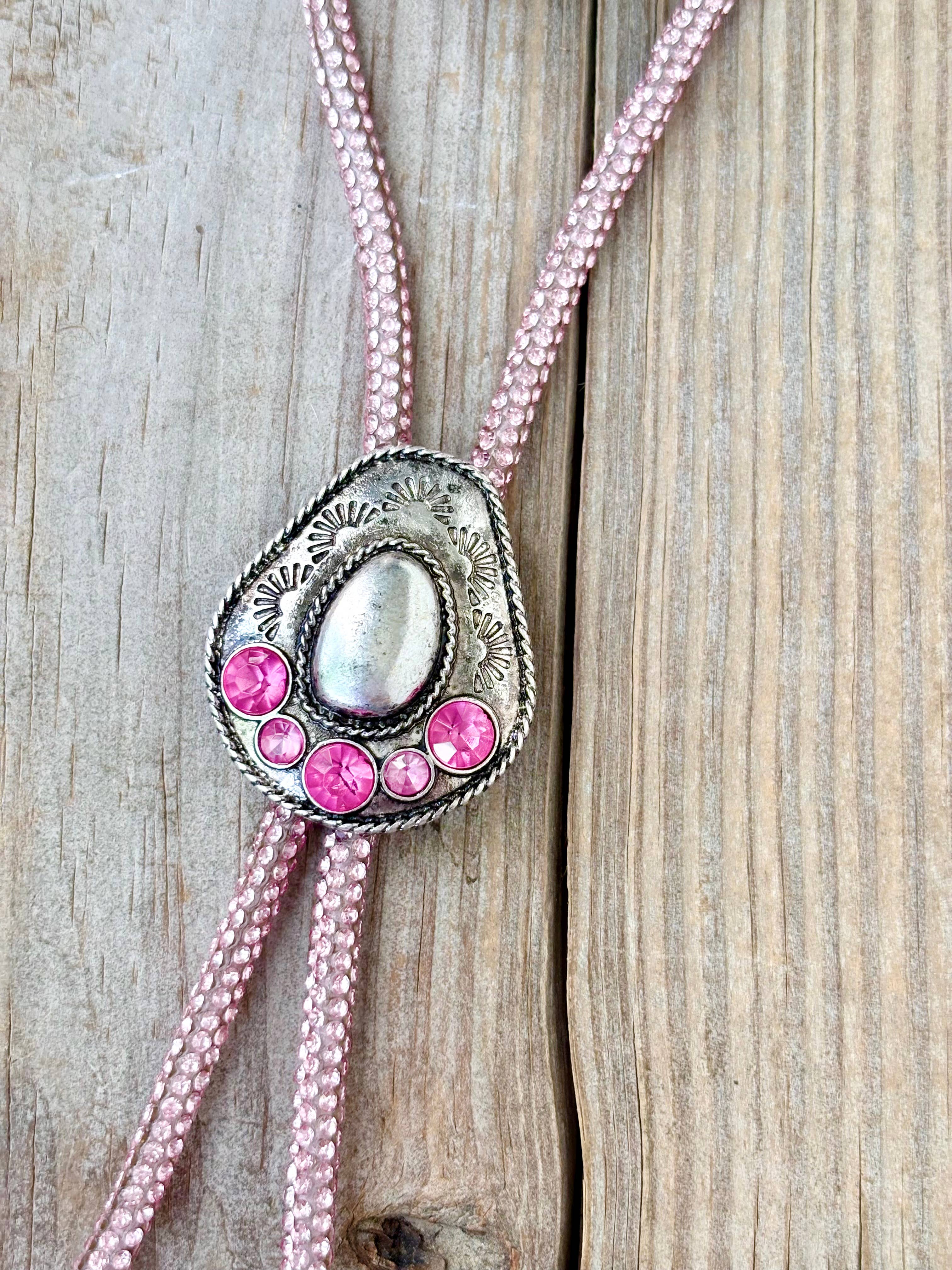 Western Glitter Style Stone Pendant Bolo Tie Necklace