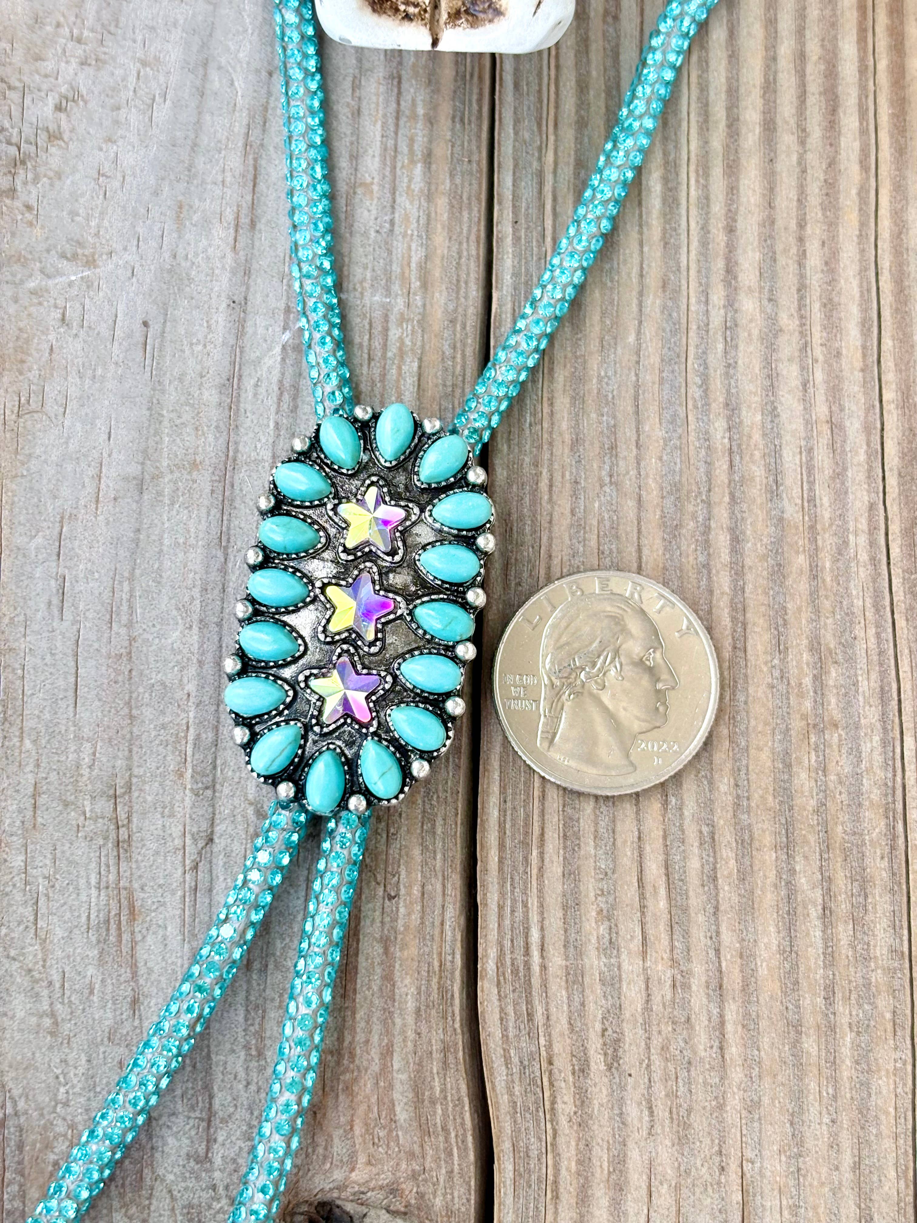 Western Glitter Style Stone Pendant Bolo Tie Necklace