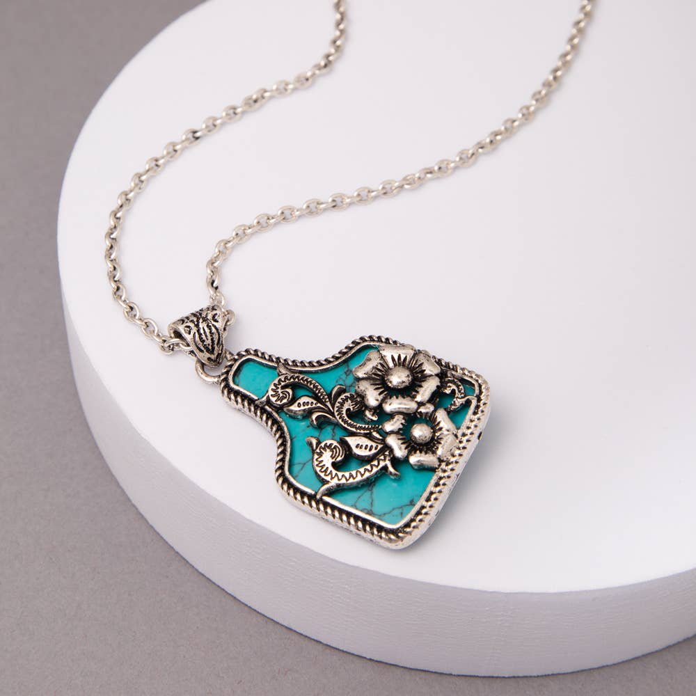 Western Turquoise Floral Cattle Tag Pendant Necklace