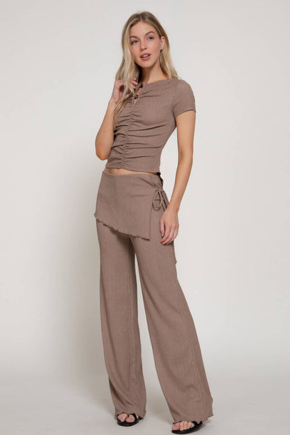 Tied Overwrap Front Texture Knit Long Pants