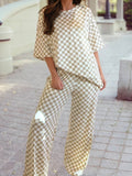 Checkered Print Half Sleeve Tee 2pcs Lounge Pant Set