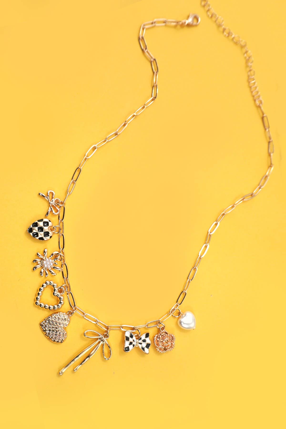 CHARM NECKLACE-BOW CHECKER HEART FLORAL |