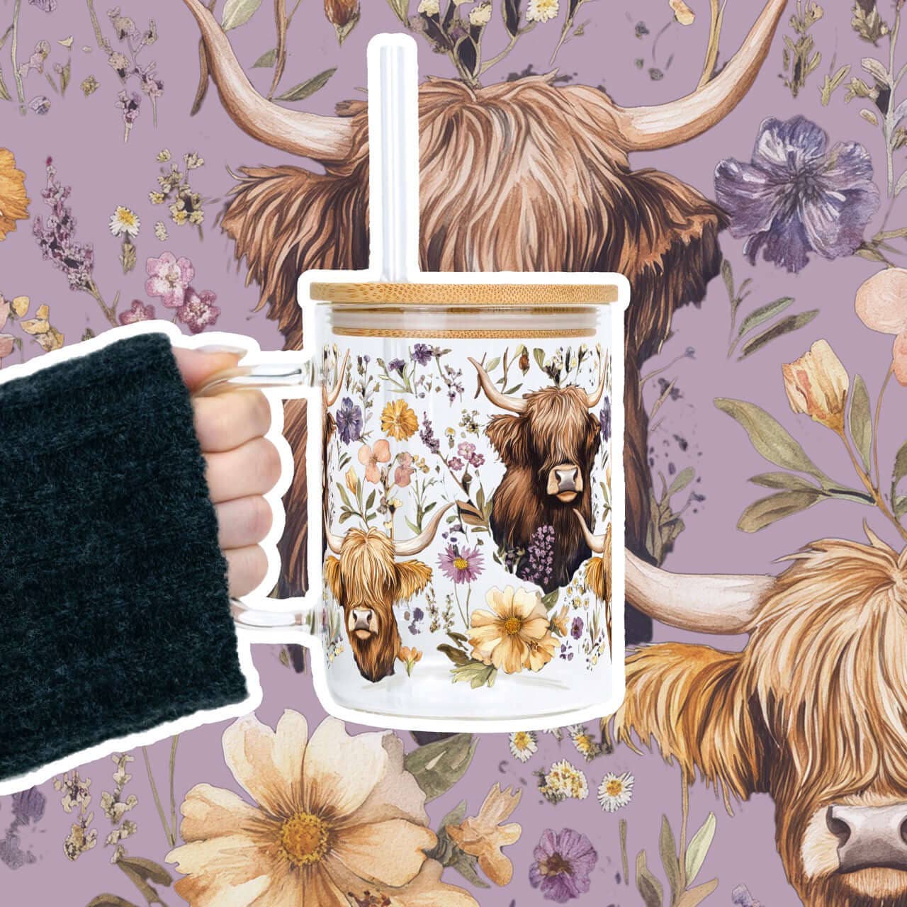 Wildflower Highland Cow 17oz Mug With Lid and Straw