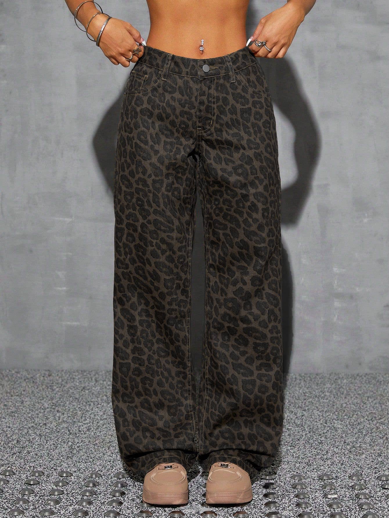 Vintage leopard print wide-leg jeans