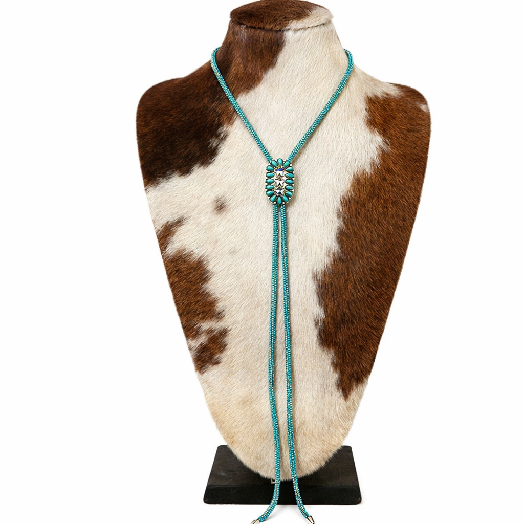Western Glitter Style Stone Pendant Bolo Tie Necklace