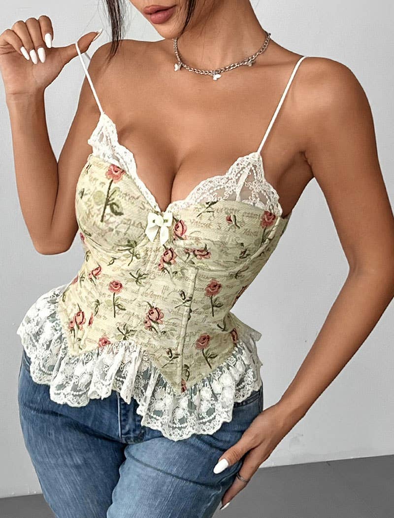 Floral Lace Trim Spaghetti Strap Top