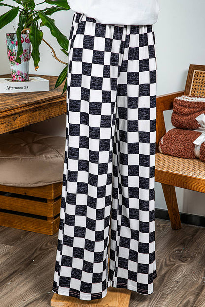 2-Tone Checked Print High Waist Wide Leg Pants | BLACK AND WHITE