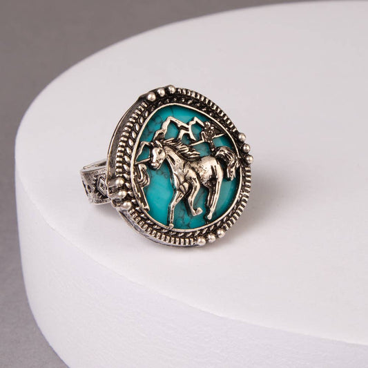 Western Horse Stretch Ring with Turquoise or Brown Accents