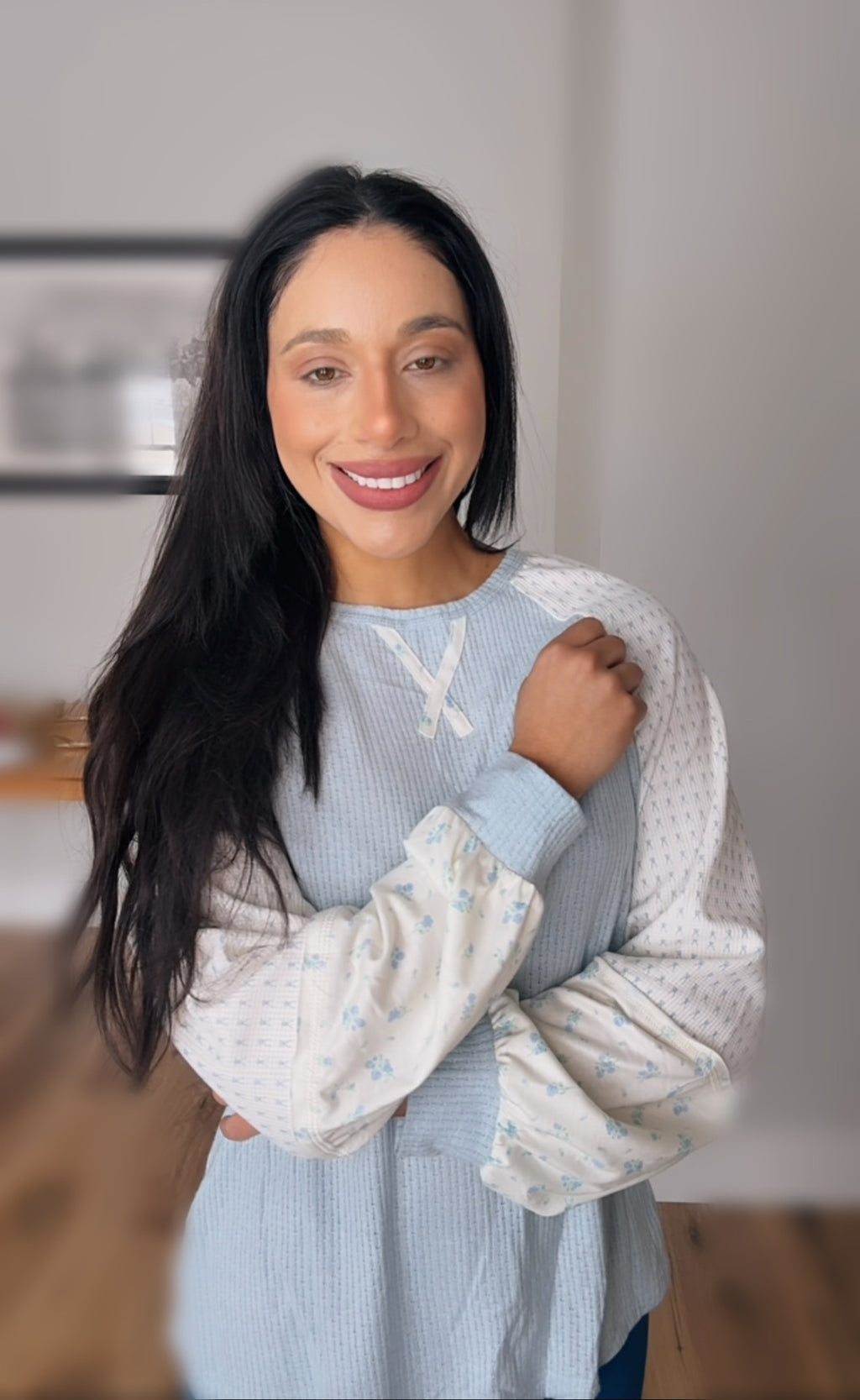 Textured Knit Color Block Floral Patchwork Long Sleeve Top