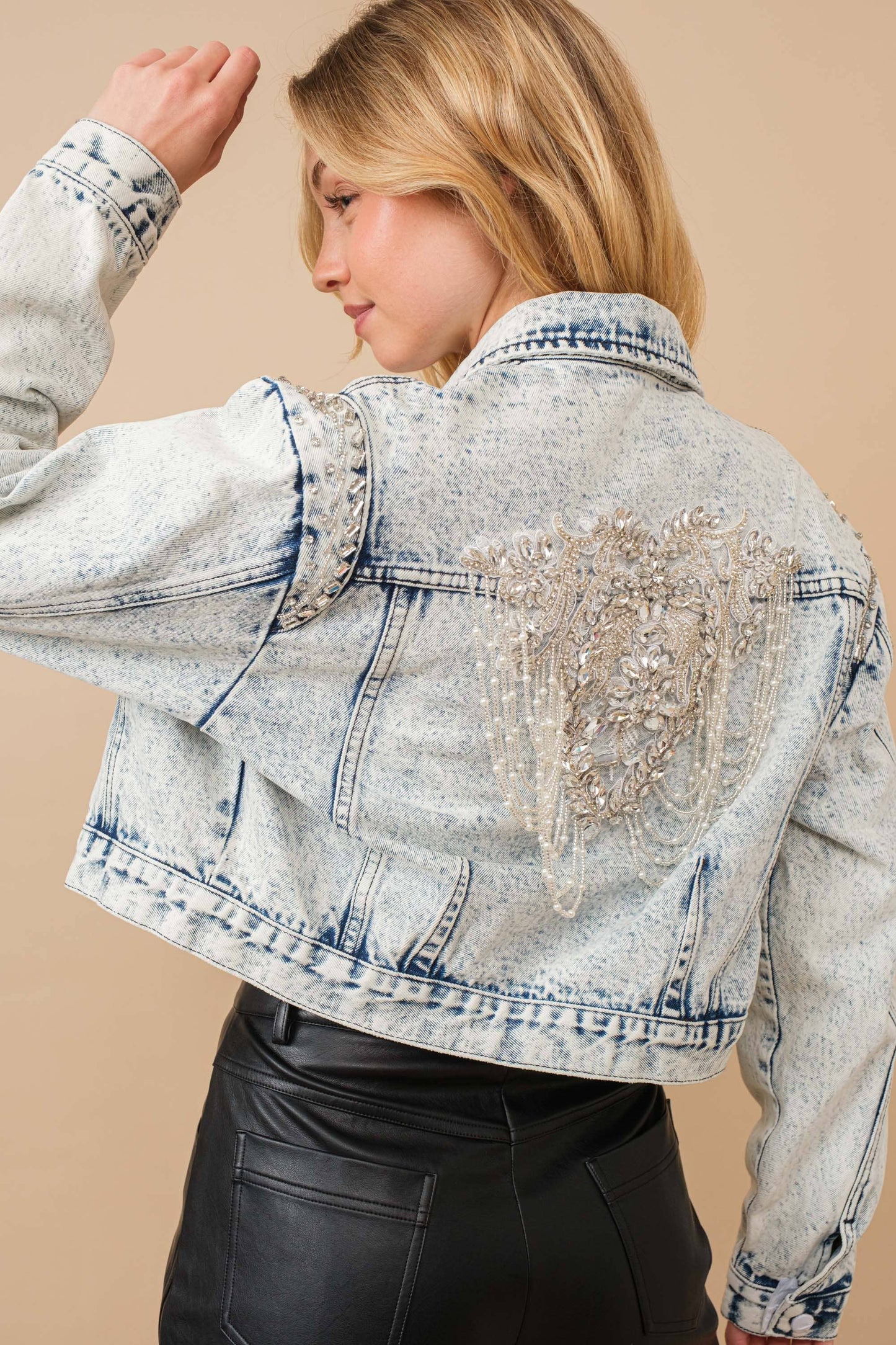 Acid Washed Shoulder Beading Denim Jacket