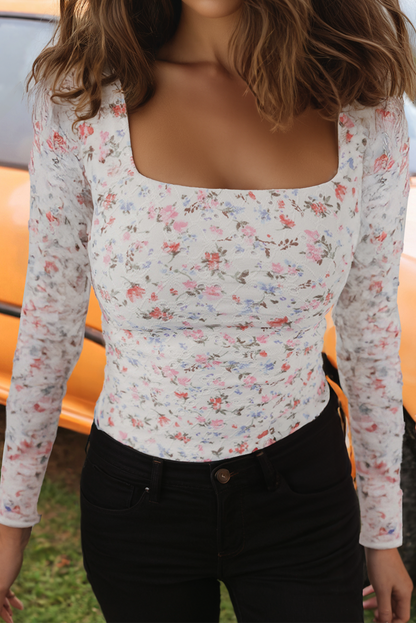 Floral Print Textured Slim Fit Long Sleeve Top