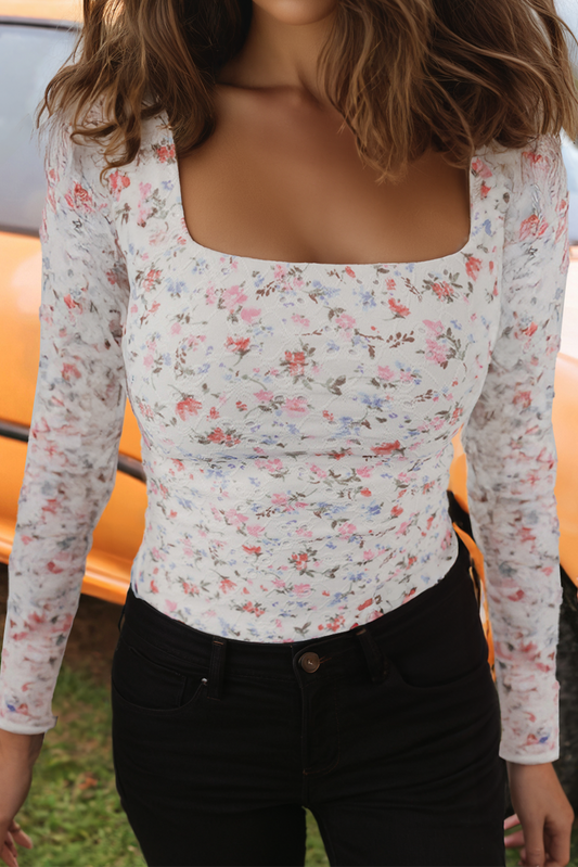 Fashion-W Floral Print Textured Slim Fit Long Sleeve Top