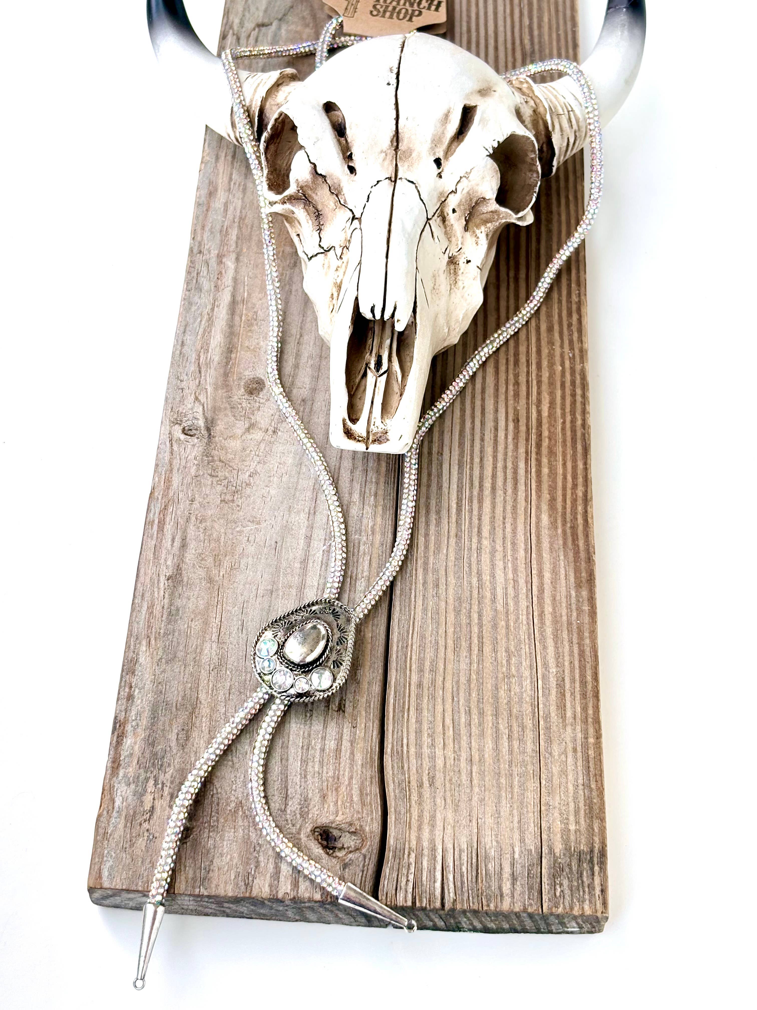 Western Glitter Style Stone Pendant Bolo Tie Necklace