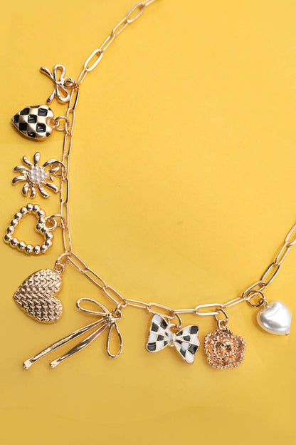 CHARM NECKLACE-BOW CHECKER HEART FLORAL |