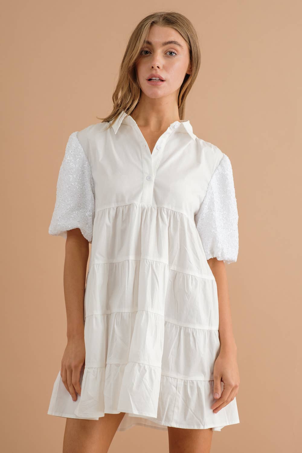 Sequin Puff SLV Tiered Poplin Button Up Shirt Dress