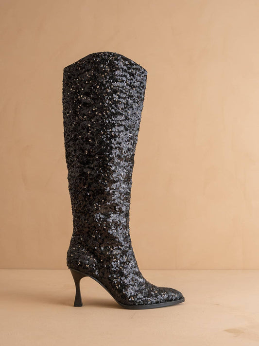 The Jewel Black | Knee High Sequin Boot