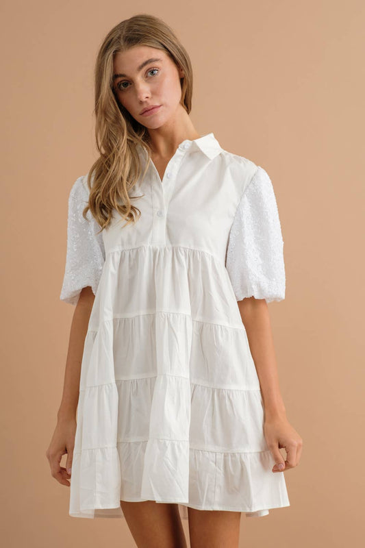 Sequin Puff SLV Tiered Poplin Button Up Shirt Dress