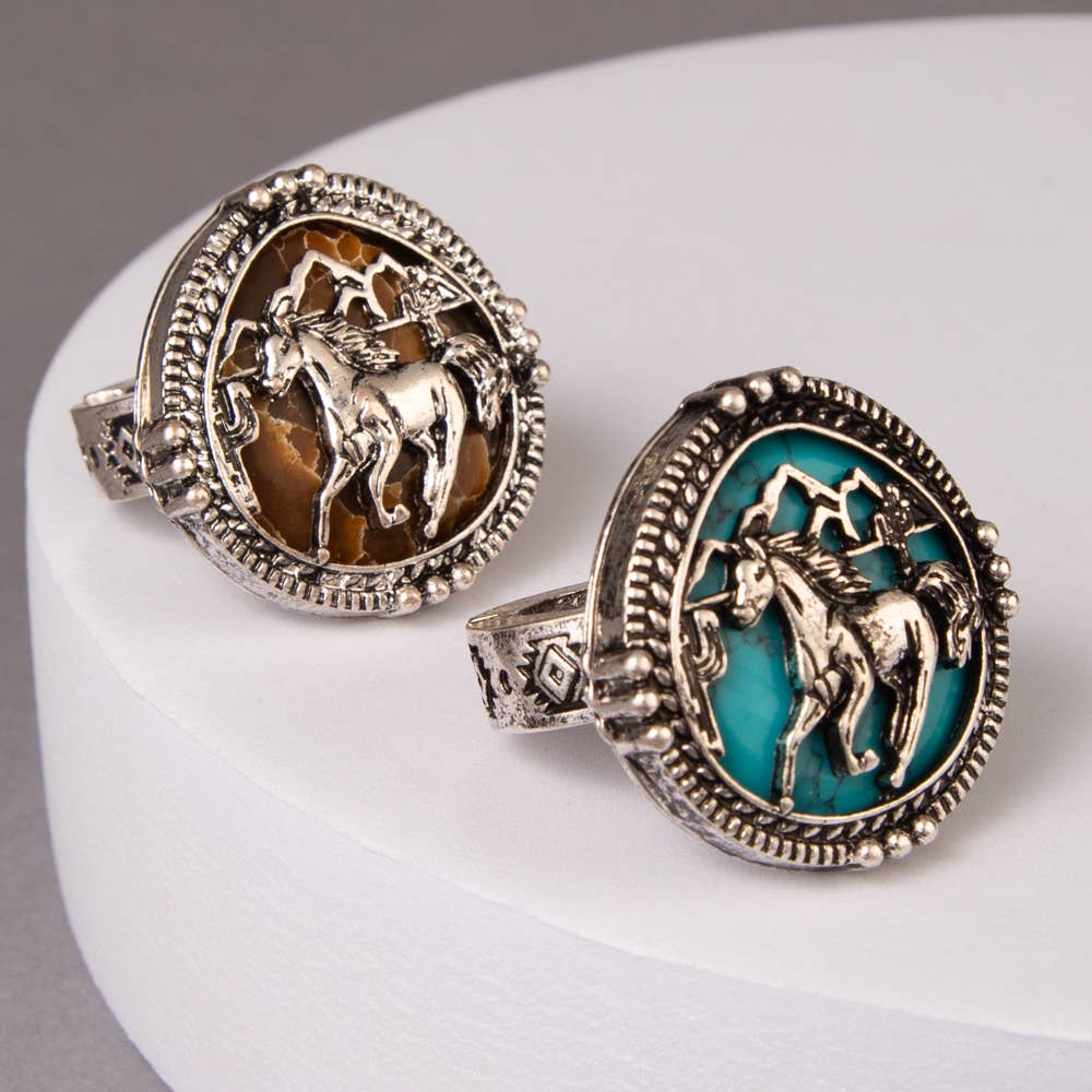 Western Horse Stretch Ring with Turquoise or Brown Accents