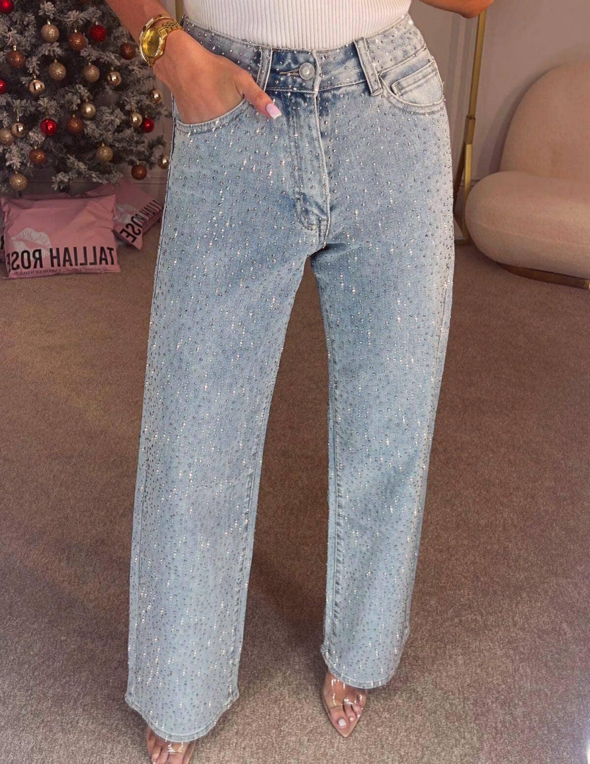 Chic Shiny Rhinestone Straight Jeans