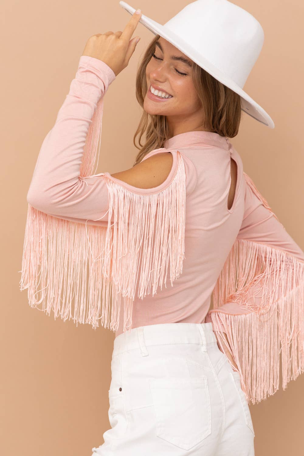 Mock Neck Shoulder Fringe Bodysuit