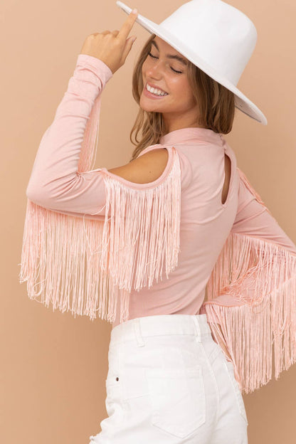 Mock Neck Shoulder Fringe Bodysuit