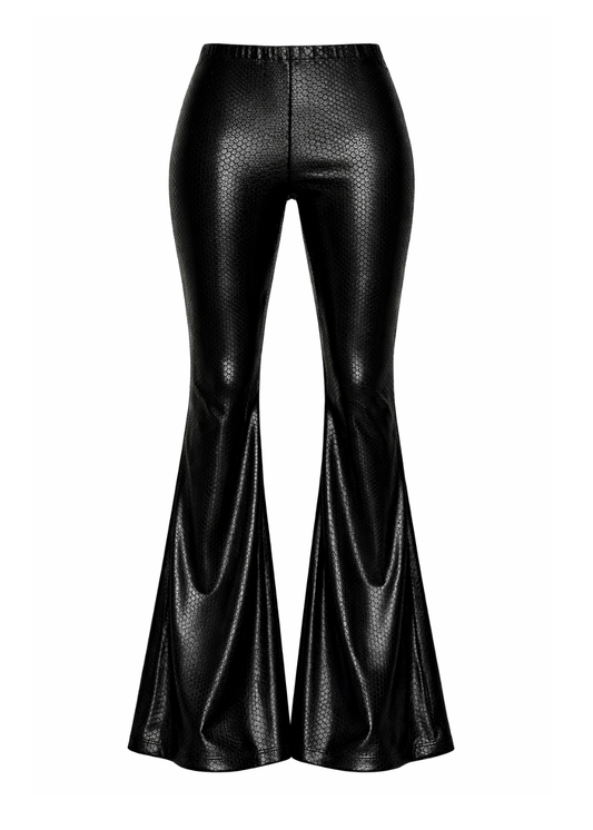 Black Faux Leather Snake Bell Bottoms Flare Pants