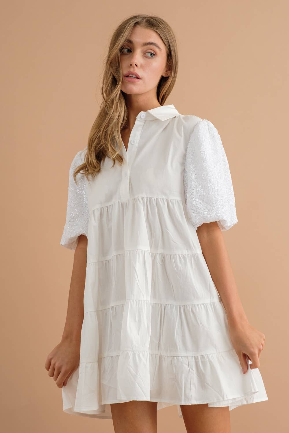 Sequin Puff SLV Tiered Poplin Button Up Shirt Dress